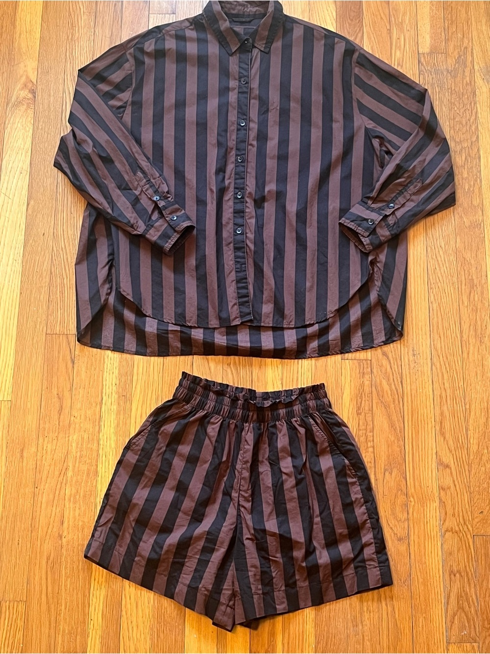 AERIE Striped Two-Piece Shirt & Short Set in Black and Brown